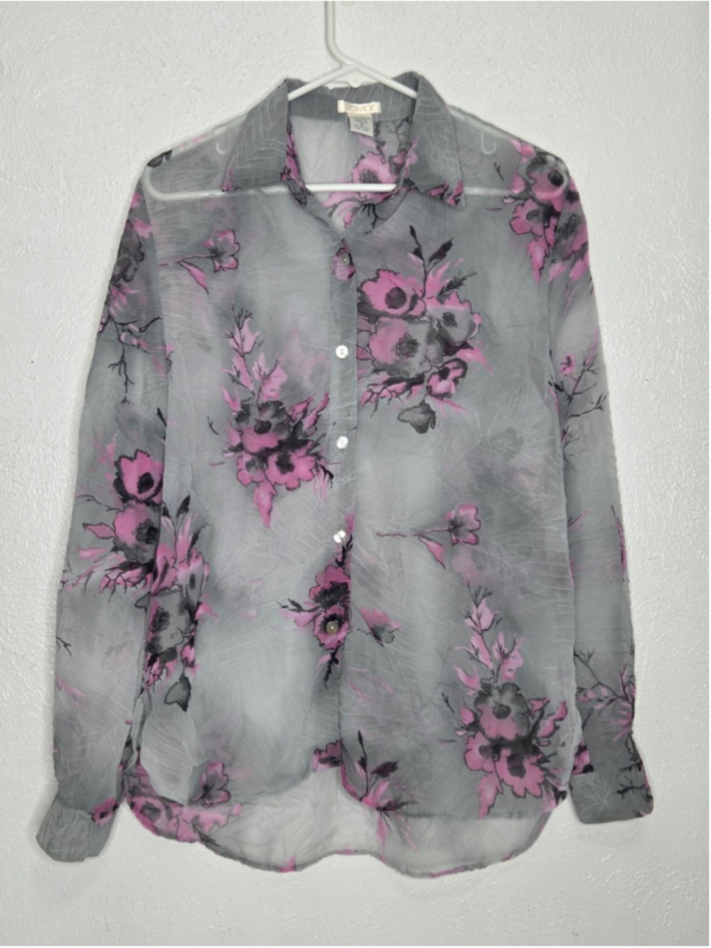 Caviar Button Down Shirt Women's Medium Grey Pink Floral Print Sheer
